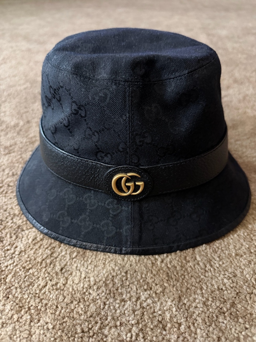 GUCCI Black Monogram Canvas Bucket Hat w/Leather Trim & Gold-tone Metal GG Logo